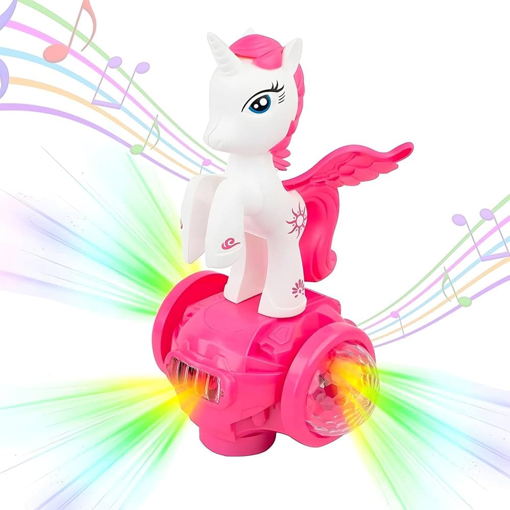 Kidoyz Rotating Unicorn Pony Toy | Colourful 5D Lights & Music on a Spinning Wheel