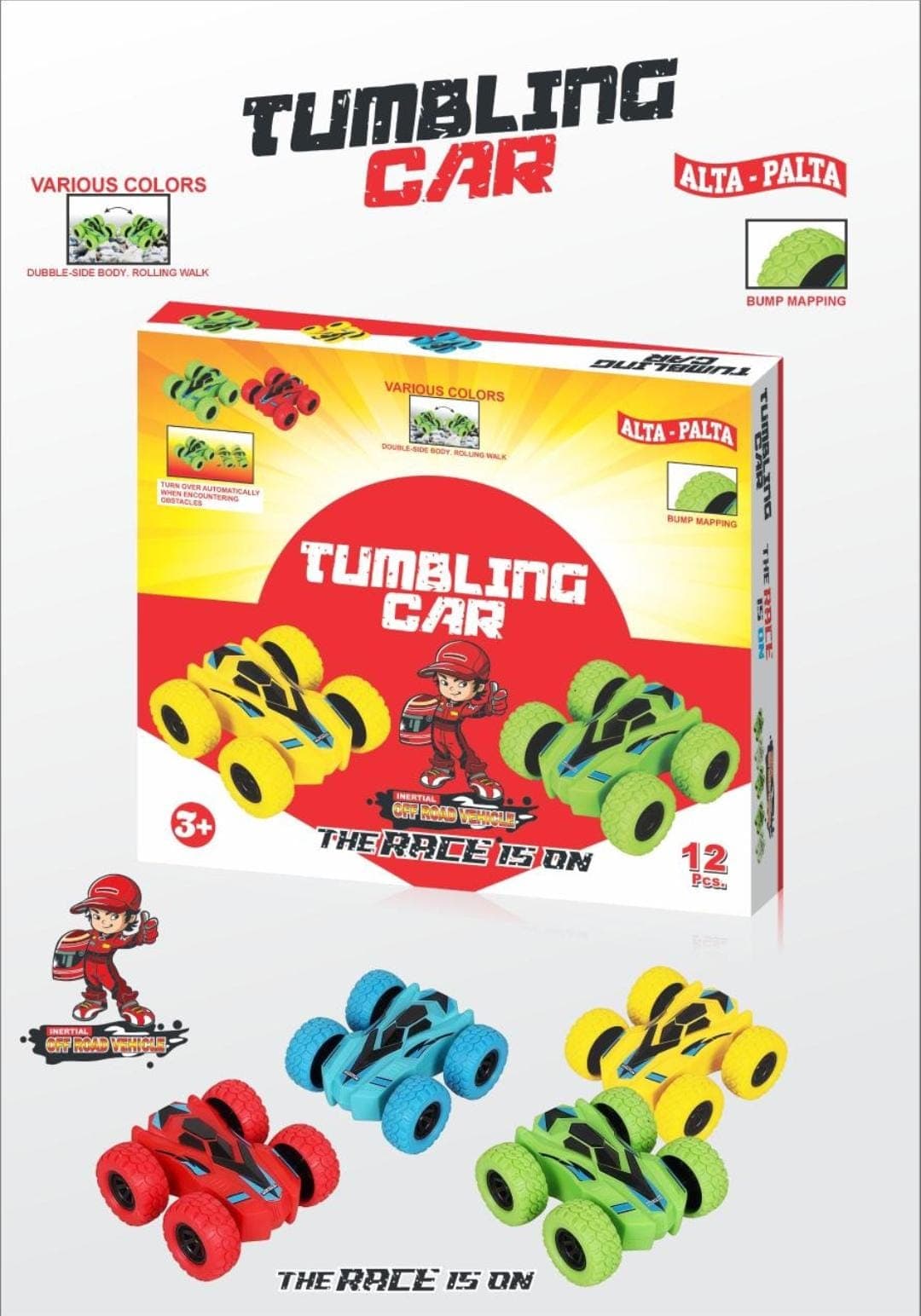 Kidoyz Tumbling Stunt Car | Double-sided tumbling stunt car that flips and rolls | Ages 3+ | Pack of 2 | Color As Per Stock — view 2