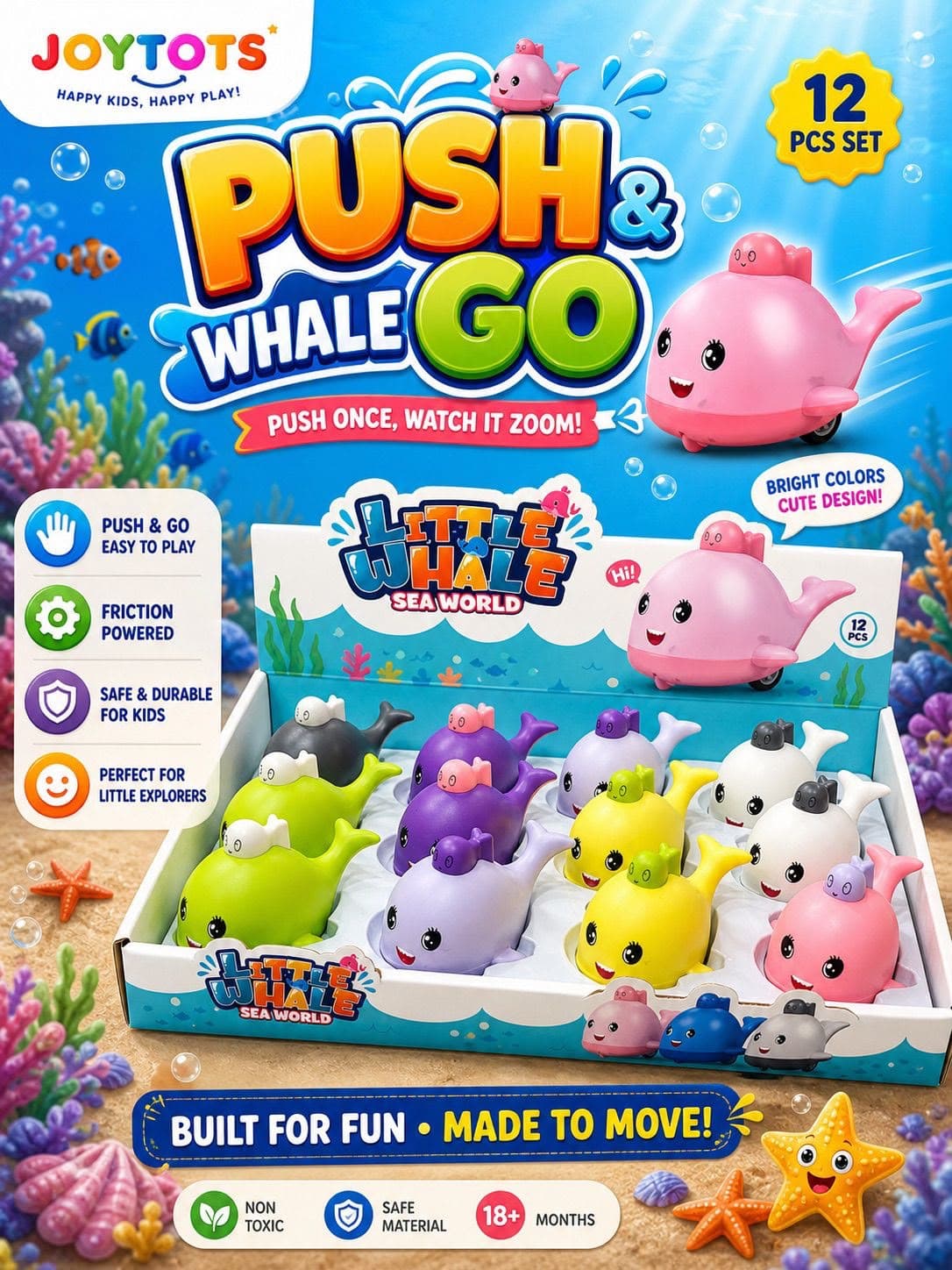 Kidoyz Push & Go Whale | Friction-powered push-and-go whale in bright colours | Pack of 2 | Color As Per Stock — view 3