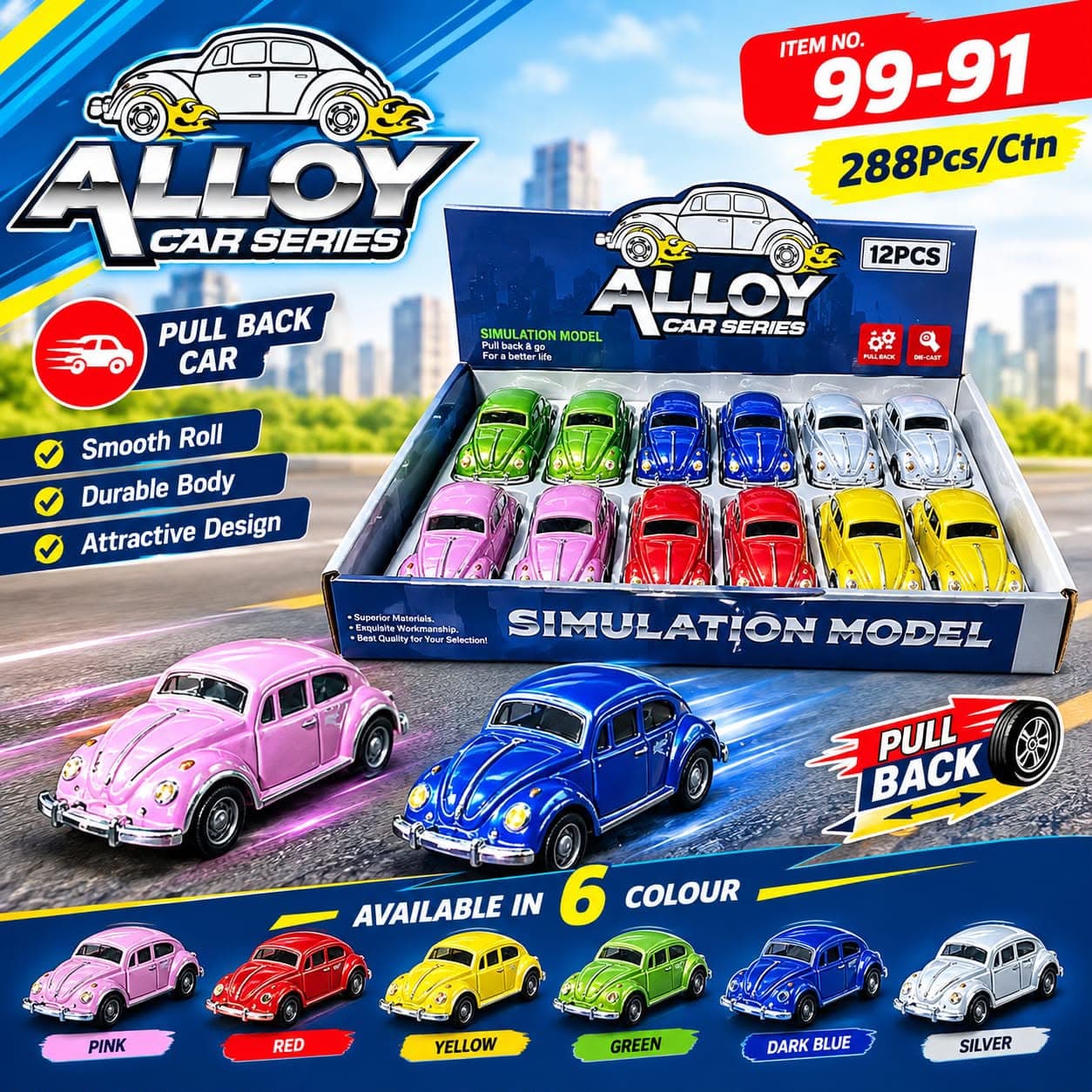 Kidoyz Pull Back Alloy Beetle Car | Pull-back alloy model beetle car in 6 colours | Pack of 1 | Color As Per Stock — view 2