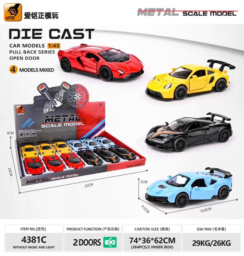 Kidoyz Die-Cast Sports Car | 1:43 die-cast sports car with pull-back and opening doors, 4 models mixed | Pack of 1 | Color As Per Stock — view 2