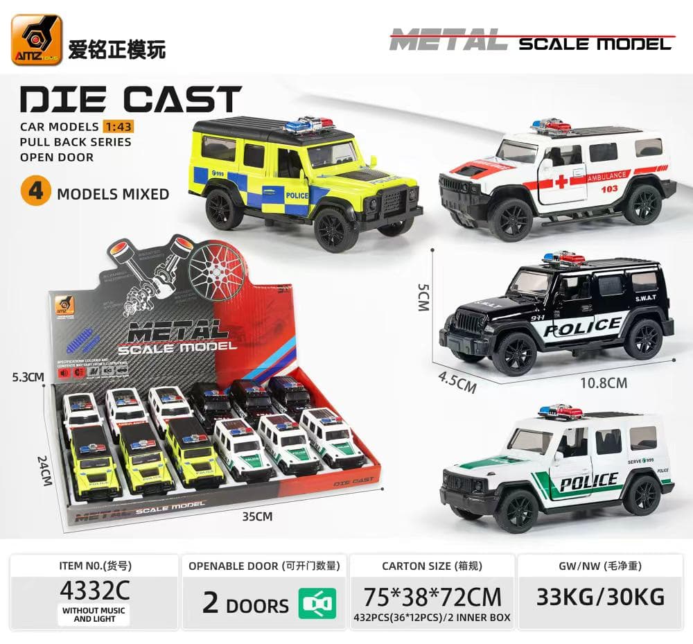 Kidoyz Die-Cast Police SUV | 1:43 die-cast police and rescue SUV, pull-back, opening doors | Pack of 1 | Color As Per Stock — view 2