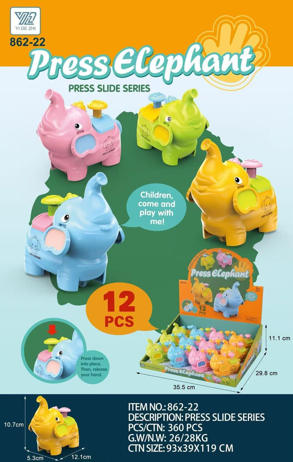 Kidoyz Press Elephant | Press-and-go elephant toy in bright colours | Pack of 1 | Color As Per Stock — view 3