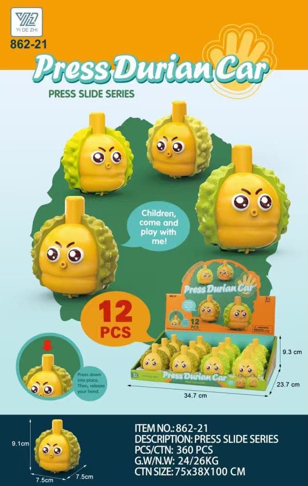 Kidoyz Press Durian Car | Press-and-slide durian-shaped car | Pack of 1 — view 2