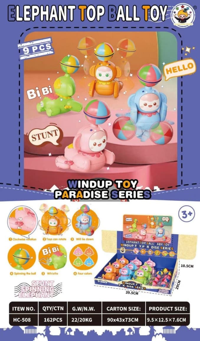 Kidoyz Wind-Up Spinning Ball | Wind-up spinning ball characters, elephant and friends | Ages 3+ | Pack of 1 | Color As Per Stock