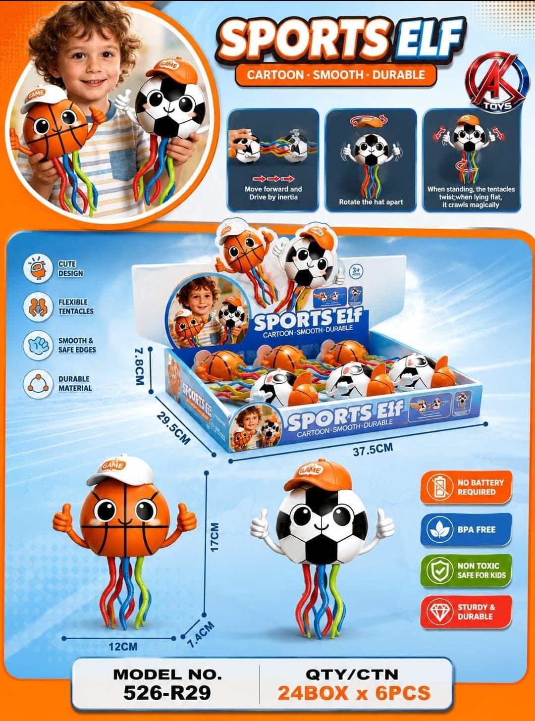 Kidoyz Sports Ball Characters | Cartoon basketball and football characters with dangling legs | Pack of 1