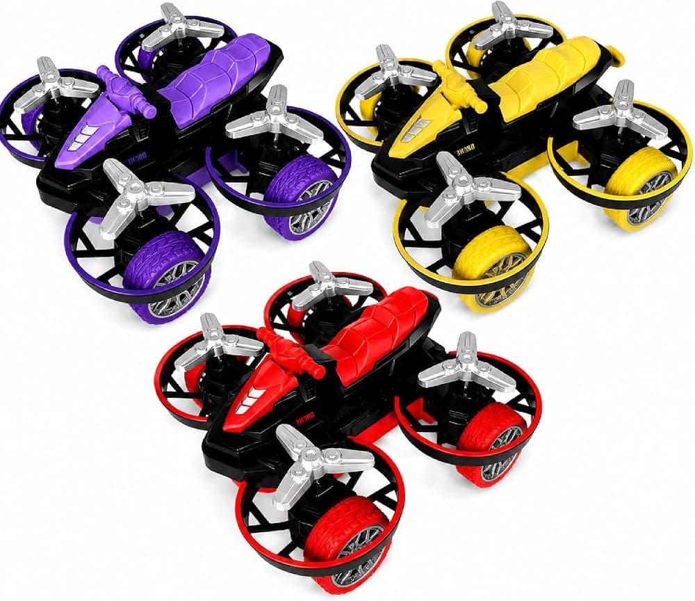 Kidoyz Inertia Drone Car | Two-way inertia drone-style car in red, blue, purple and yellow | Pack of 1 | Color As Per Stock