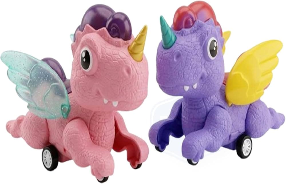 Kidoyz Pull Line Light-Up Car | Pull-line light-up car in winged unicorn and dinosaur designs | Pack of 1 | Color As Per Stock