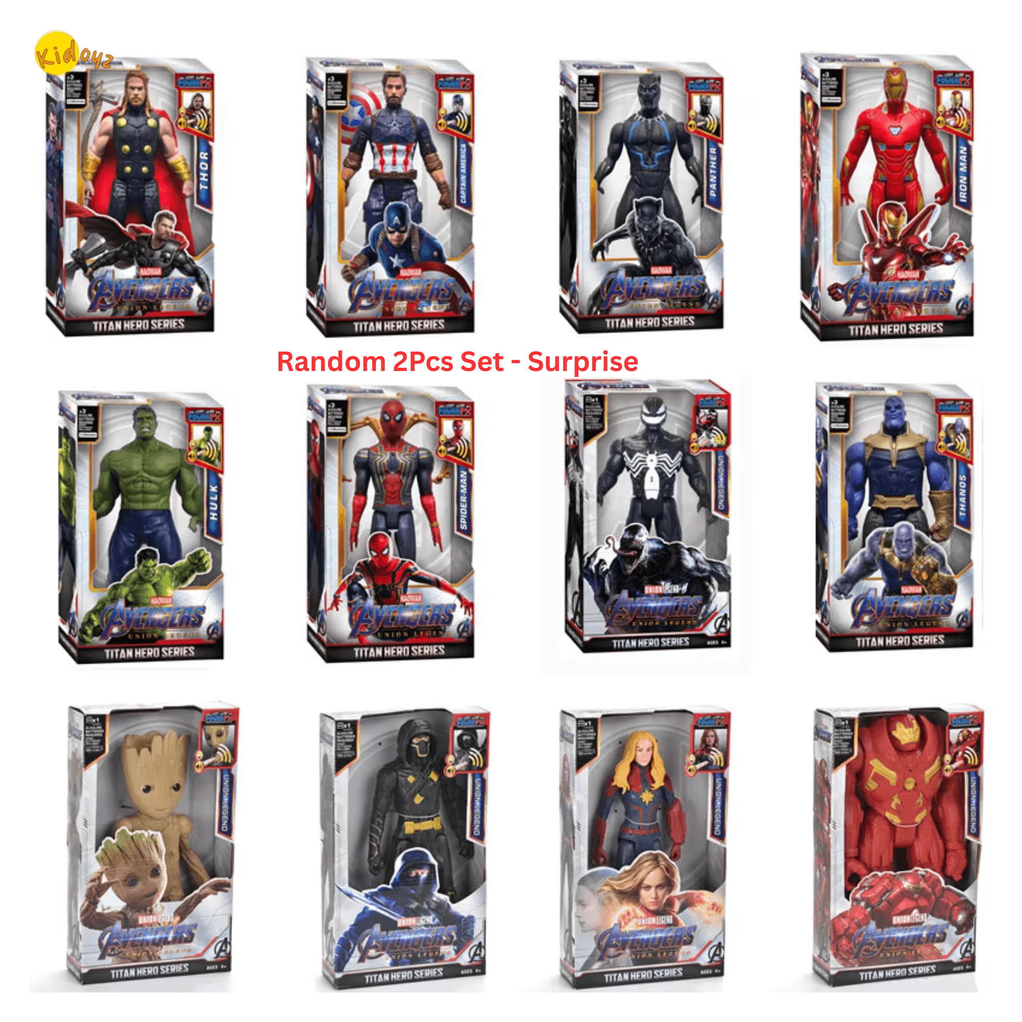 Kidoyz Superhero Action Figures | Random 2Pcs Set - Surprise | 30 cm Boxed Figures with Movable Joints, Light & Sound | Collectible Toys for Kids