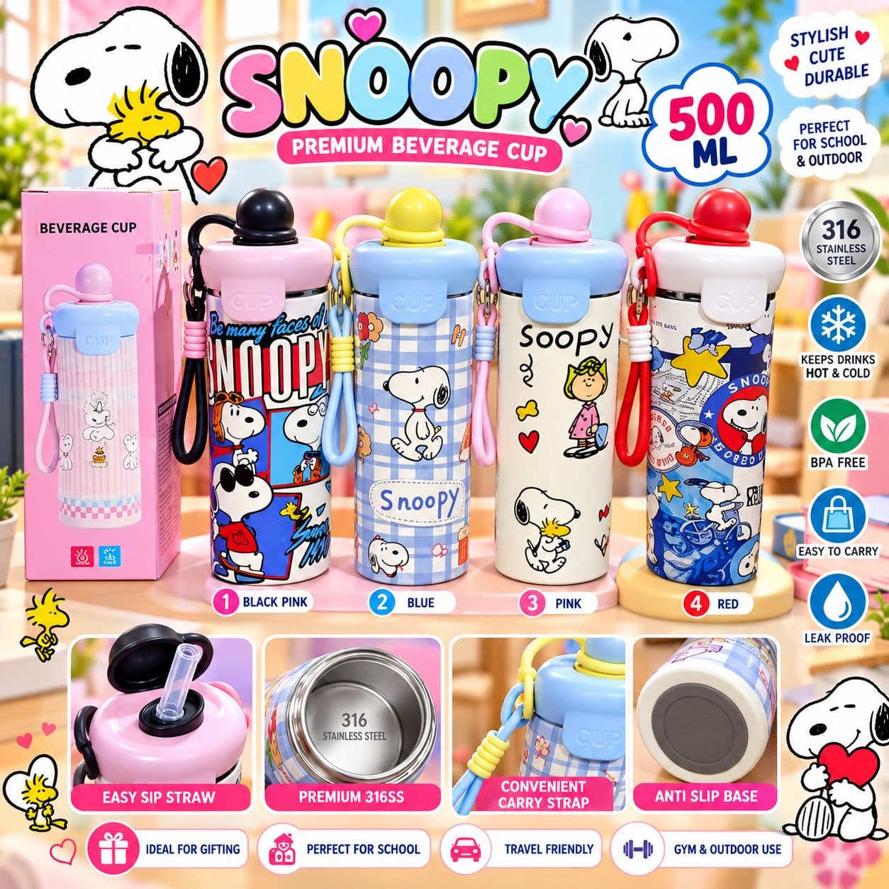 Peanuts Snoopy Vacuum Insulated Stainless Steel Thermos Water Bottle Set — view 2