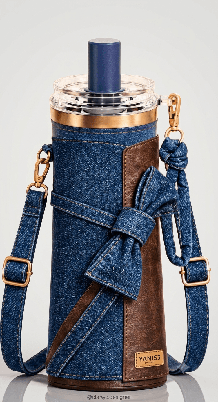 YANIS3 Luxury Denim Bow Insulated Stainless Steel Tumbler with Crossbody Strap