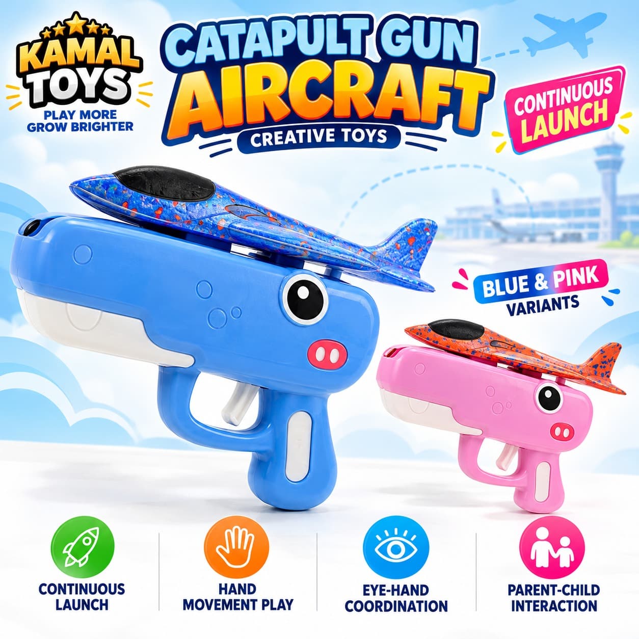 Catapult Gun Aircraft Launcher Toy With Foam Glider | Color As Per Stock