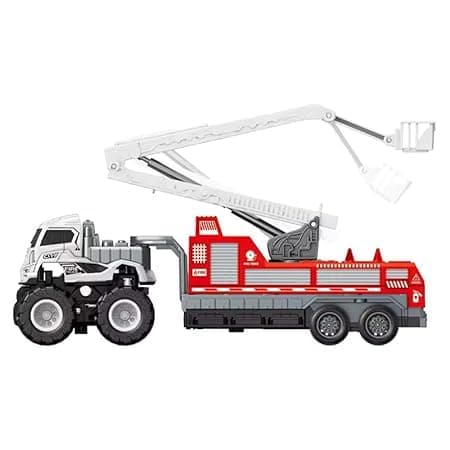 Big Friction Powered Fire Rescue Transport Truck Toy for Kids Boys Die cast Alloy Fire Fighter Truck with Rotating Ladder Crane Toys Pull Back Miniature Vehicle Gift (Multicolor) — view 2