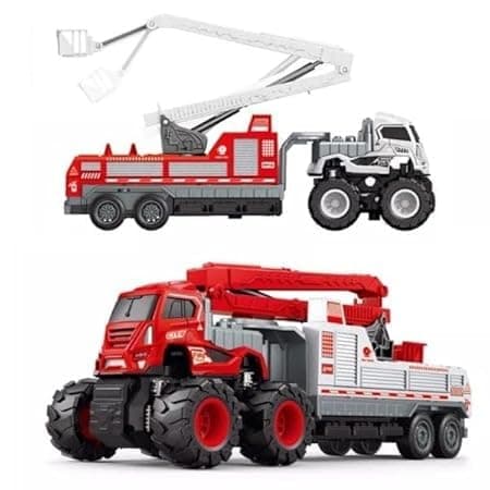 Big Friction Powered Fire Rescue Transport Truck Toy for Kids Boys Die cast Alloy Fire Fighter Truck with Rotating Ladder Crane Toys Pull Back Miniature Vehicle Gift (Multicolor) — view 4