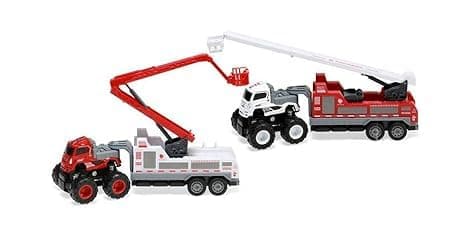 Big Friction Powered Fire Rescue Transport Truck Toy for Kids Boys Die cast Alloy Fire Fighter Truck with Rotating Ladder Crane Toys Pull Back Miniature Vehicle Gift (Multicolor) — view 7