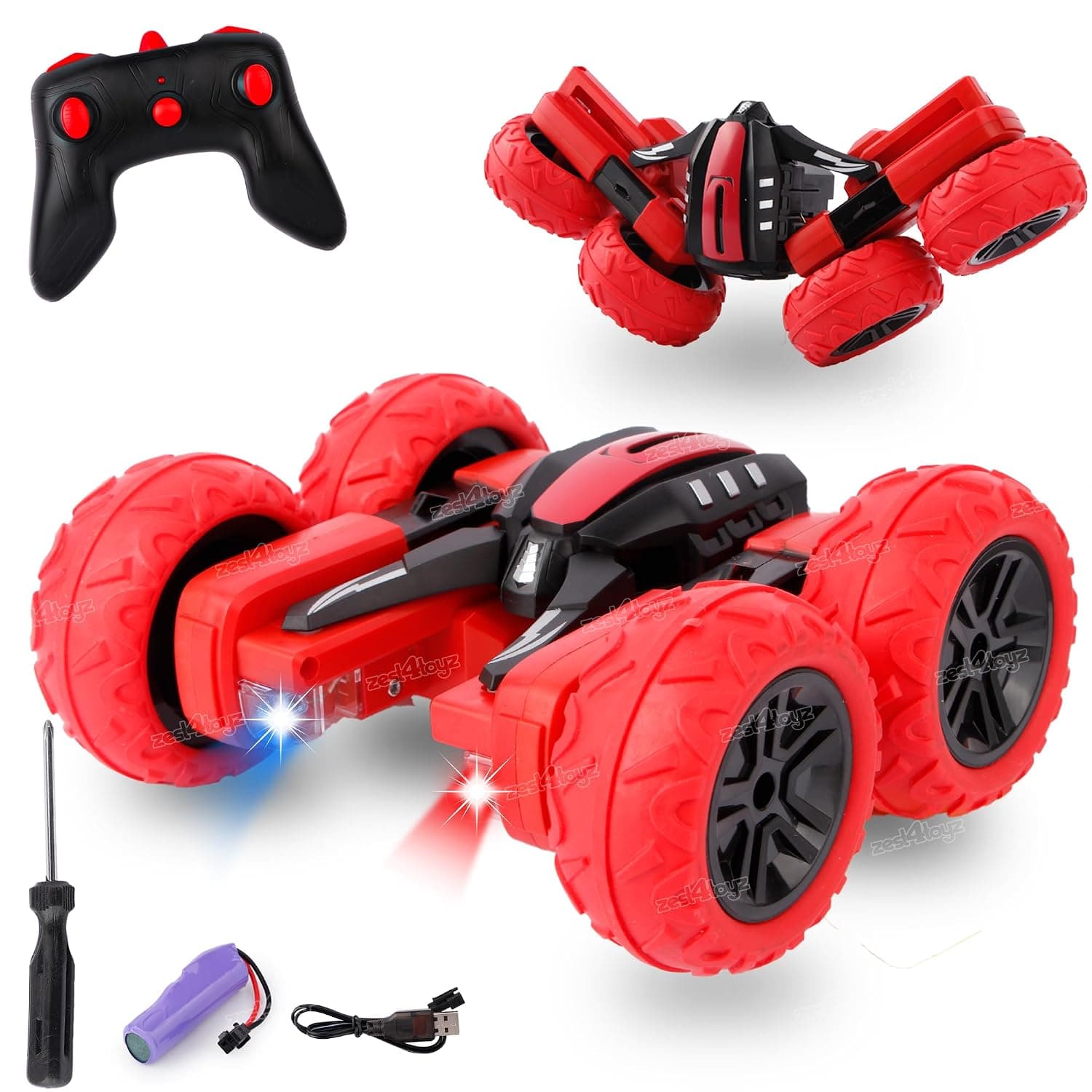 Remote Control Car Rechargeable RC Cars Stunt Car Double Sided Swing Arm 360° Flips Rotating 4WD Dance Car Toy Best Gift for Boys Girls - Red