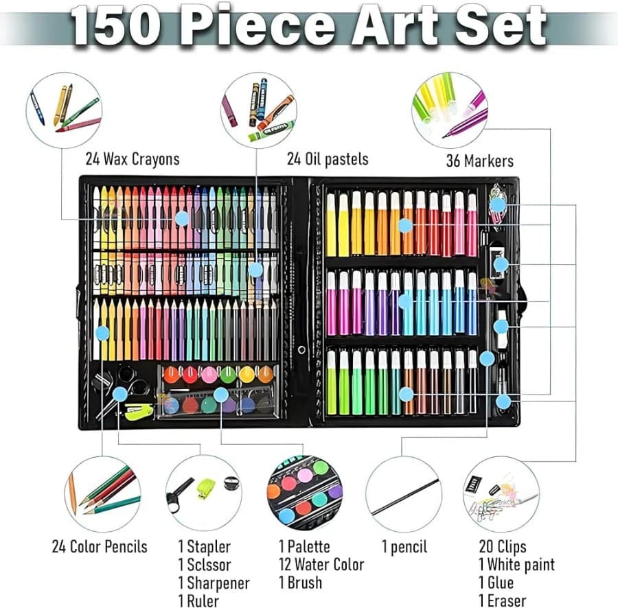 150 Pcs Art Set For Kids With Pencils, Crayons, Markers & Watercolours | Carry Case — view 3
