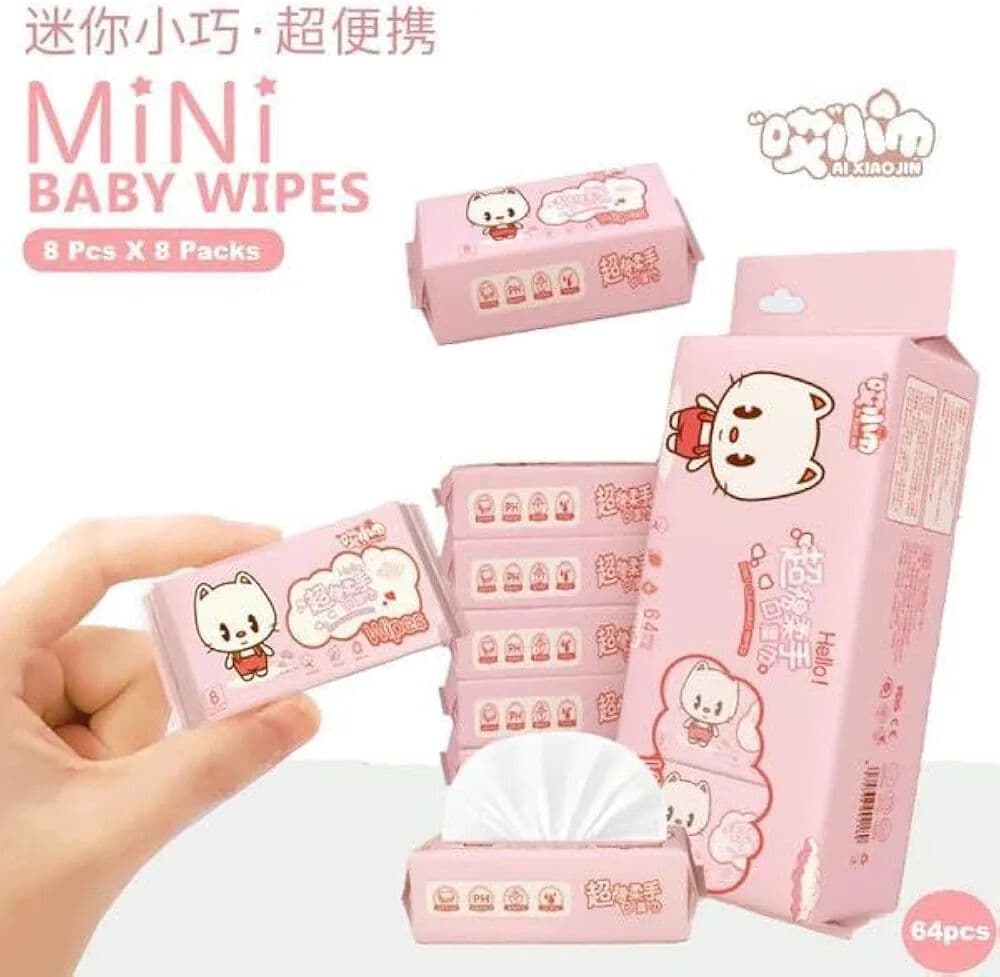 Mini Baby Wipes Pack of 8 Packs | 8 Pcs Each, 64 Wipes | Soft Travel Wipes