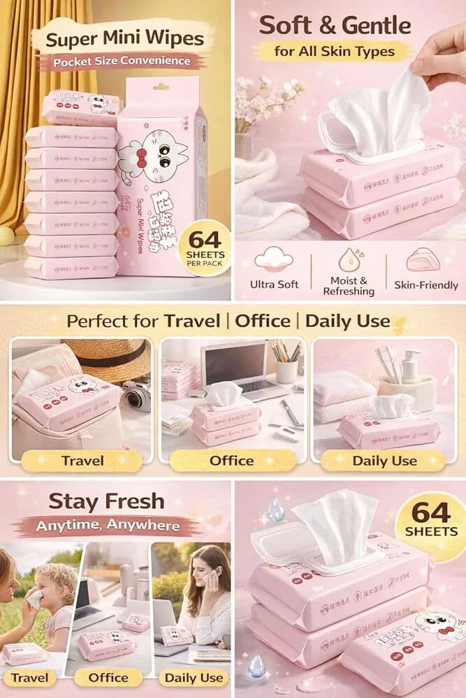 Mini Baby Wipes Pack of 8 Packs | 8 Pcs Each, 64 Wipes | Soft Travel Wipes — view 2