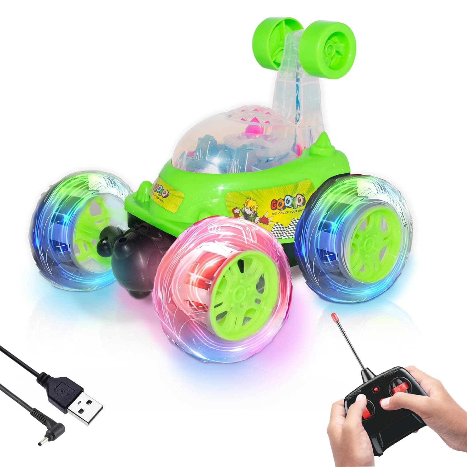 360° Rotating & Rolling Stunt Car Toy with Light & Music Feature | Spin, Stunt, Flip Functions | Remote Control Stunt Car Toy for Kids | Green | in-Built Battery | Gift Box Packaging