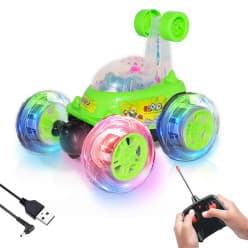 360° Rotating & Rolling Stunt Car Toy with Light & Music Feature | Spin, Stunt, Flip Functions | Remote Control Stunt Car Toy for Kids | Green | in-Built Battery | Gift Box Packaging