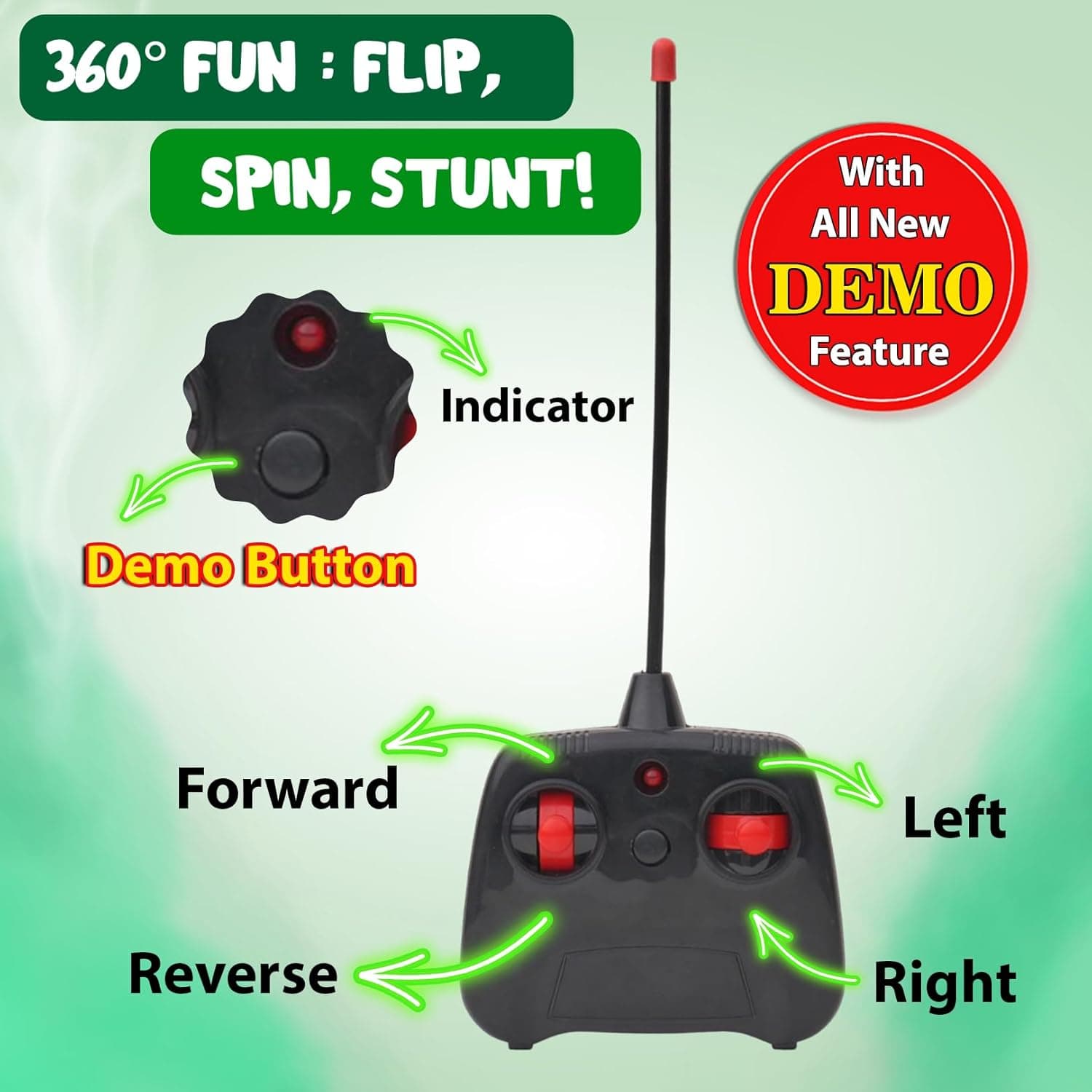 360° Rotating & Rolling Stunt Car Toy with Light & Music Feature | Spin, Stunt, Flip Functions | Remote Control Stunt Car Toy for Kids | Green | in-Built Battery | Gift Box Packaging — view 2