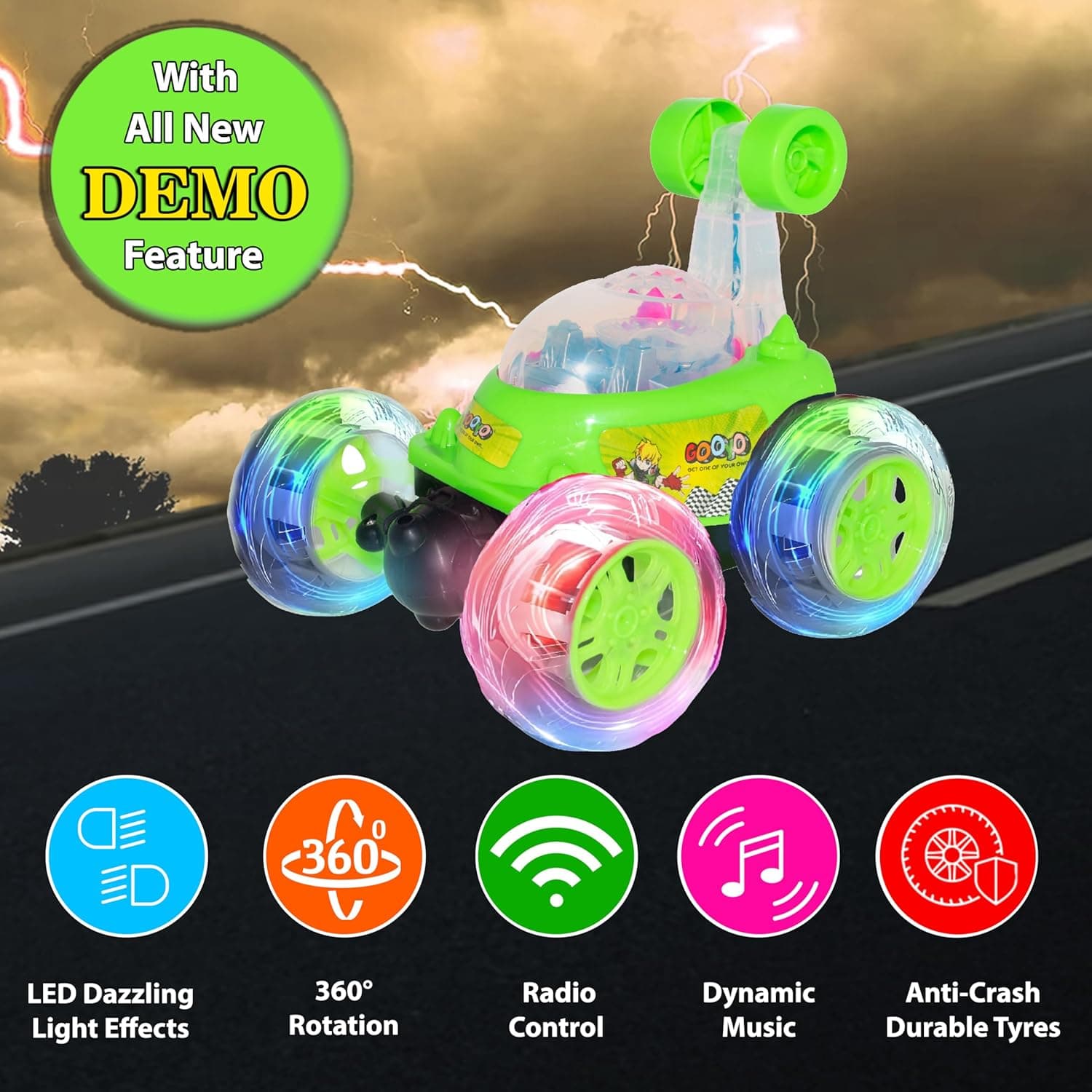 360° Rotating & Rolling Stunt Car Toy with Light & Music Feature | Spin, Stunt, Flip Functions | Remote Control Stunt Car Toy for Kids | Green | in-Built Battery | Gift Box Packaging — view 3