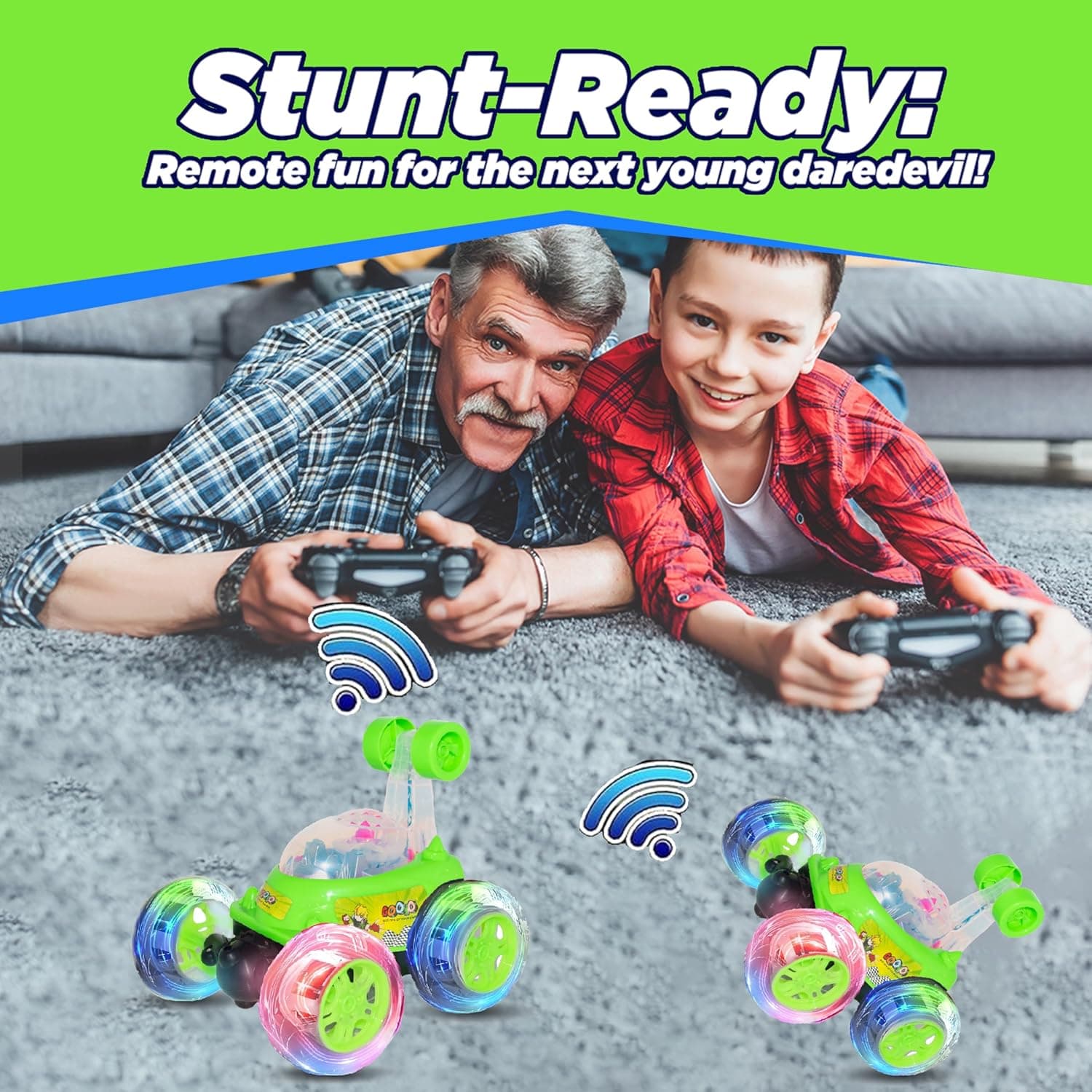 360° Rotating & Rolling Stunt Car Toy with Light & Music Feature | Spin, Stunt, Flip Functions | Remote Control Stunt Car Toy for Kids | Green | in-Built Battery | Gift Box Packaging — view 4