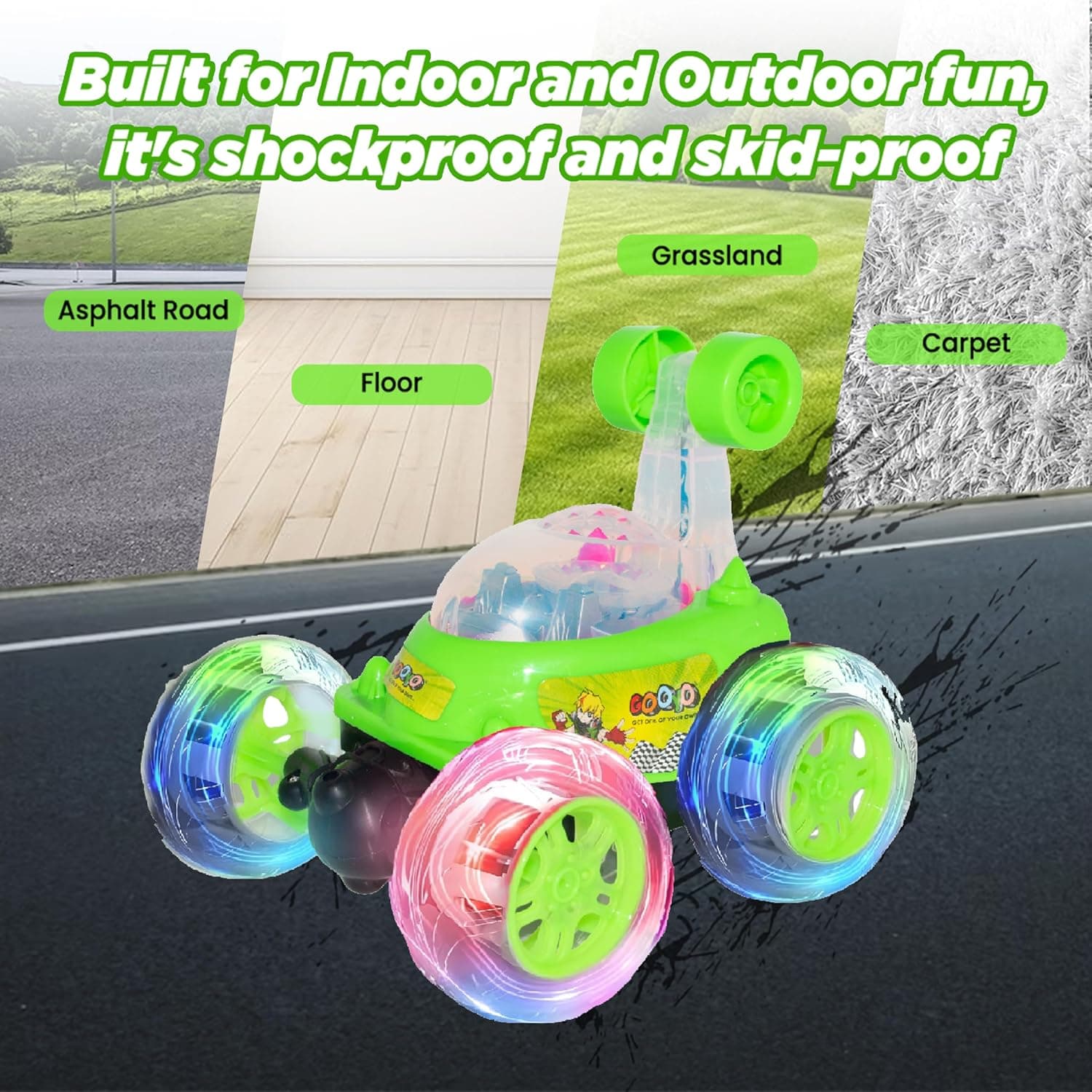 360° Rotating & Rolling Stunt Car Toy with Light & Music Feature | Spin, Stunt, Flip Functions | Remote Control Stunt Car Toy for Kids | Green | in-Built Battery | Gift Box Packaging — view 5