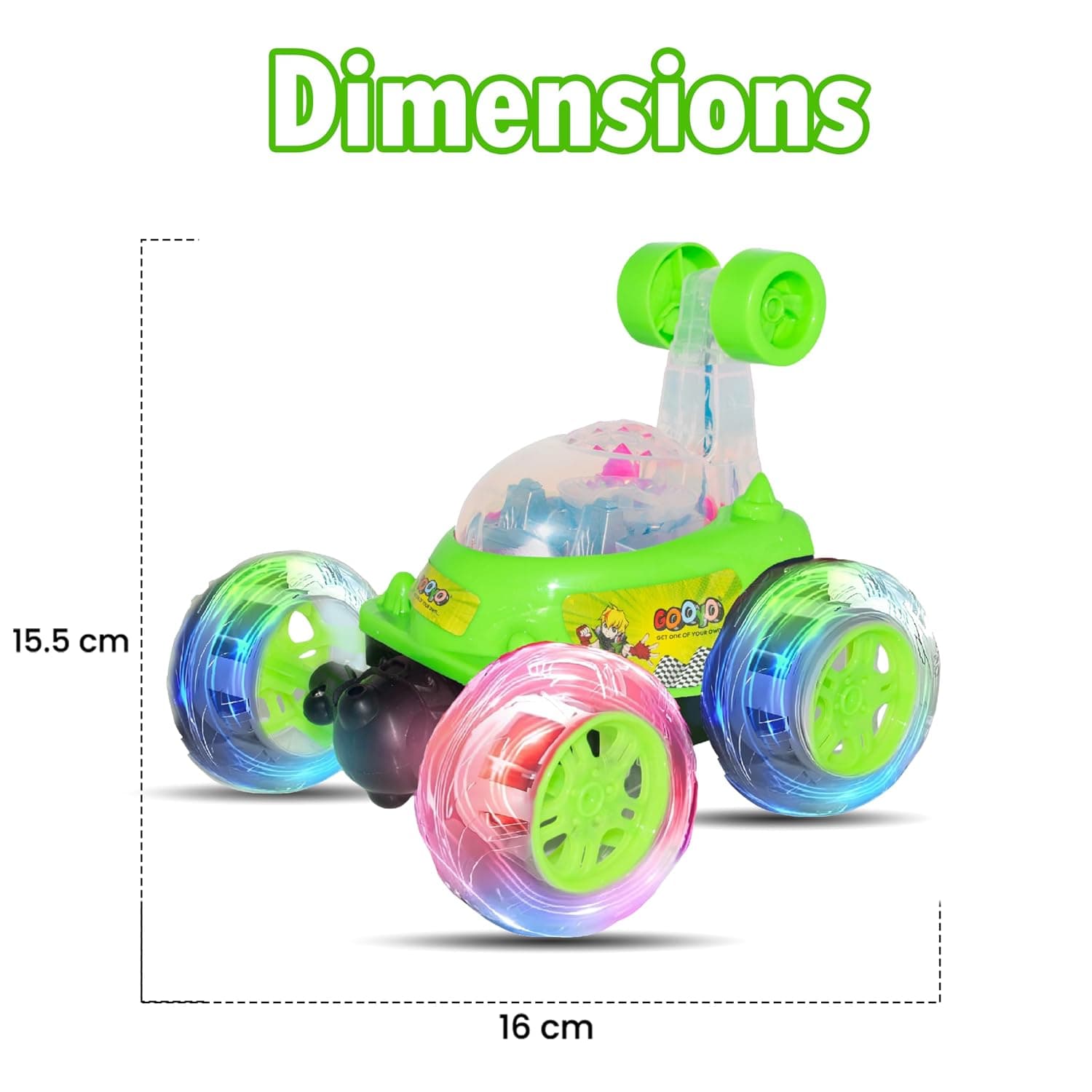 360° Rotating & Rolling Stunt Car Toy with Light & Music Feature | Spin, Stunt, Flip Functions | Remote Control Stunt Car Toy for Kids | Green | in-Built Battery | Gift Box Packaging — view 6