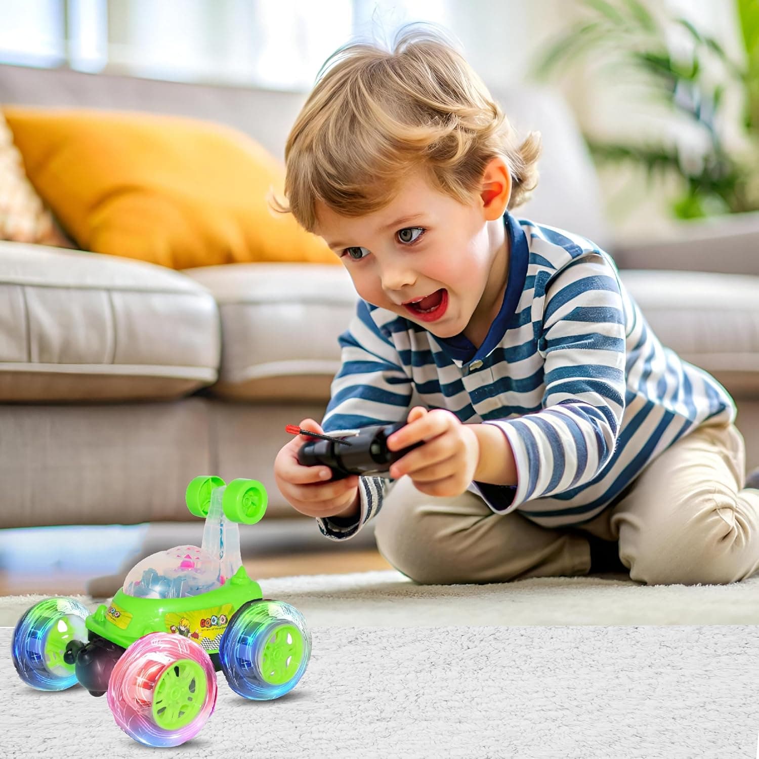360° Rotating & Rolling Stunt Car Toy with Light & Music Feature | Spin, Stunt, Flip Functions | Remote Control Stunt Car Toy for Kids | Green | in-Built Battery | Gift Box Packaging — view 7