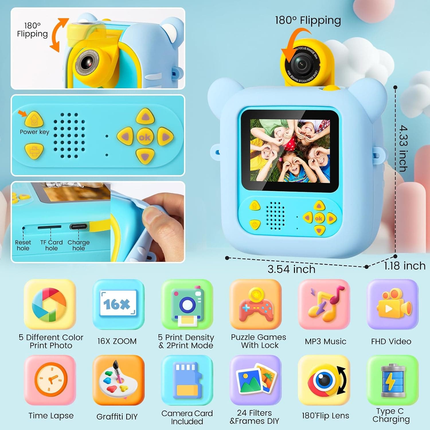 Kids Print Camera | Instant Photo Printing Digital Camera for Kids | Photo & Video | Rechargeable | Color as per Stock dispatched | Pack of 1 Pc — view 5