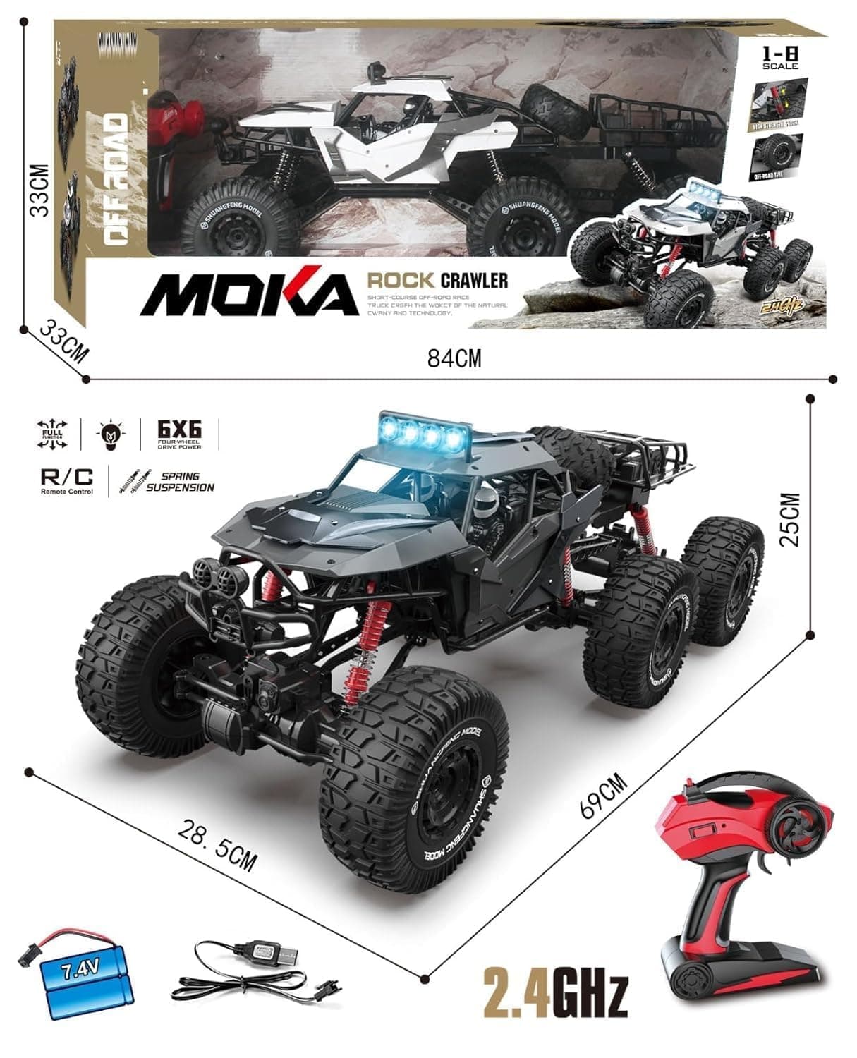 MOKA 6x6 Heavy Duty Remote Control Rock Crawler, All-Terrain Monster RC Truck with 6 Big Wheels, Shock Absorber Suspension & LED Headlights (Model 2198) — view 4