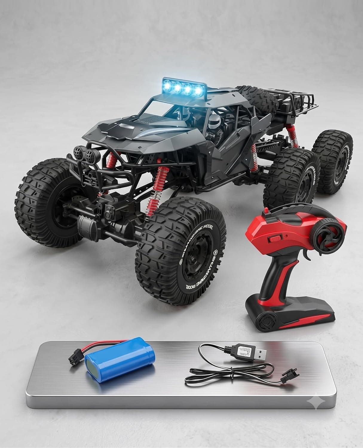 MOKA 6x6 Heavy Duty Remote Control Rock Crawler, All-Terrain Monster RC Truck with 6 Big Wheels, Shock Absorber Suspension & LED Headlights (Model 2198) — view 5