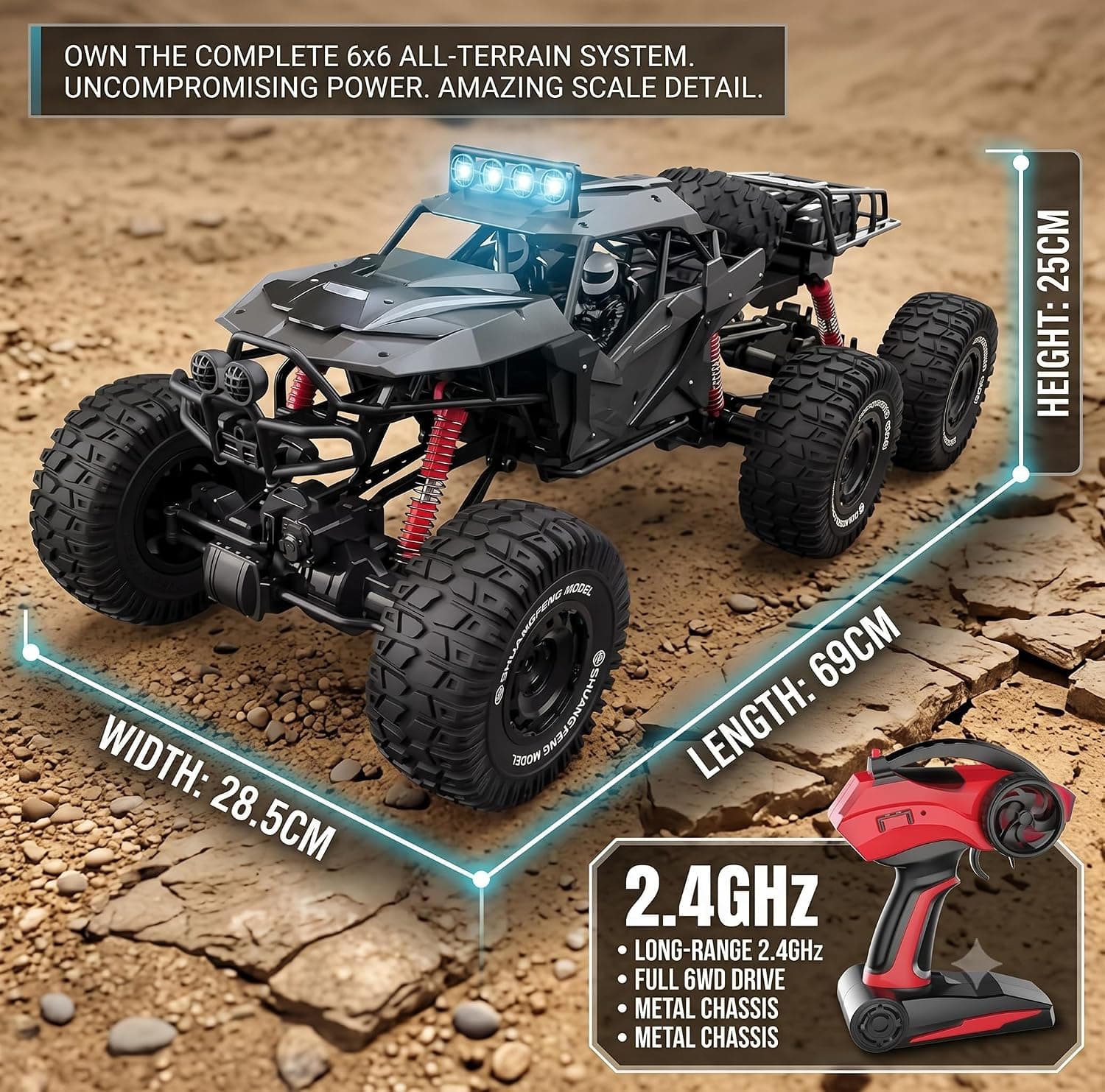 MOKA 6x6 Heavy Duty Remote Control Rock Crawler, All-Terrain Monster RC Truck with 6 Big Wheels, Shock Absorber Suspension & LED Headlights (Model 2198) — view 7
