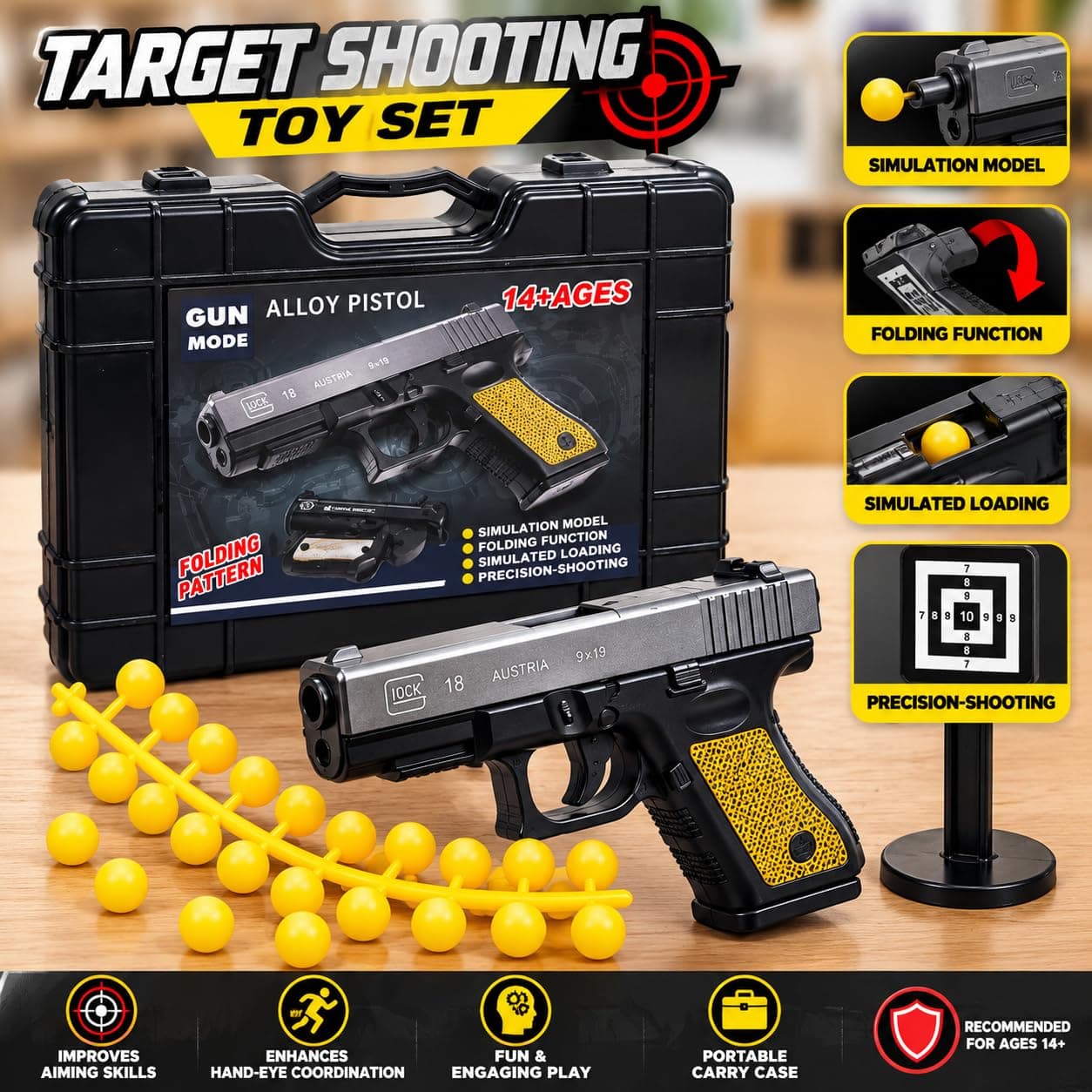 Alloy Folding Toy Pistol with Tactical Carry Case & Target | Shell-Ejecting Soft Bullet Pistol | Ages 14+ — view 3