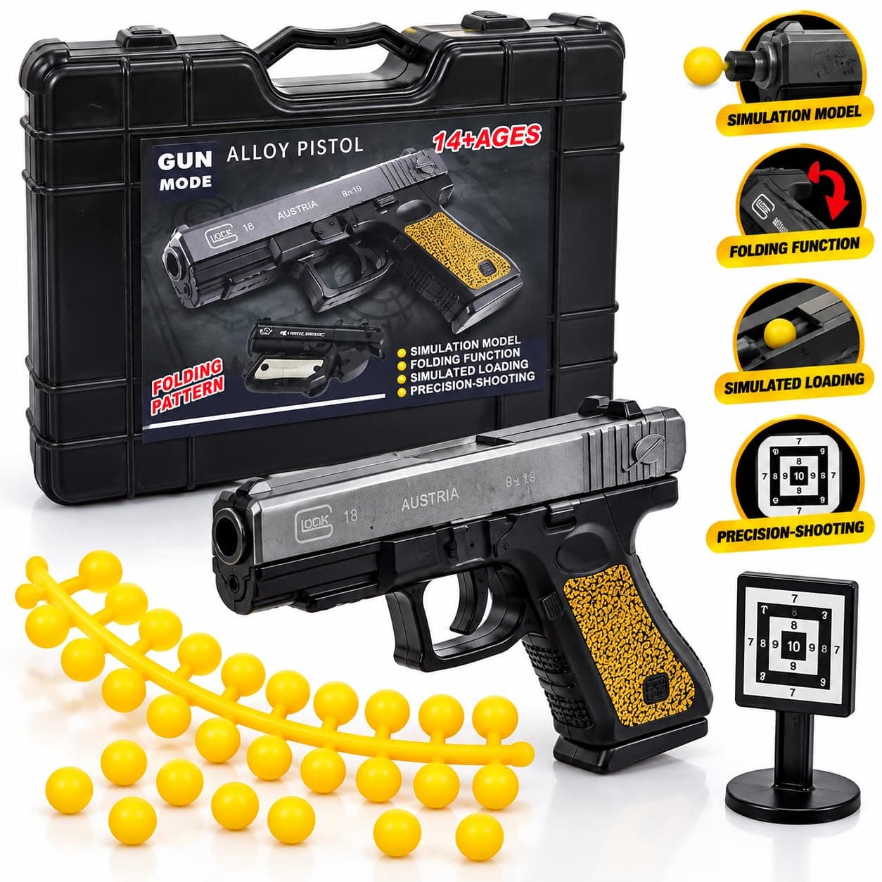 Alloy Folding Toy Pistol with Tactical Carry Case & Target | Shell-Ejecting Soft Bullet Pistol | Ages 14+