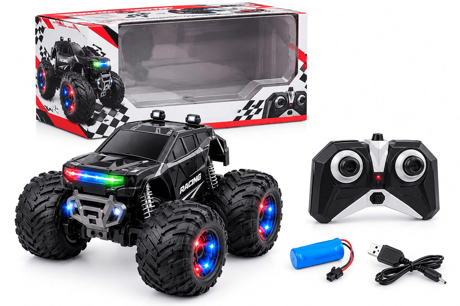 Big Tyre RC Monster Truck Stunt Car | Light-Up Wheels & Grille | USB Rechargeable Remote Control Car for Kids