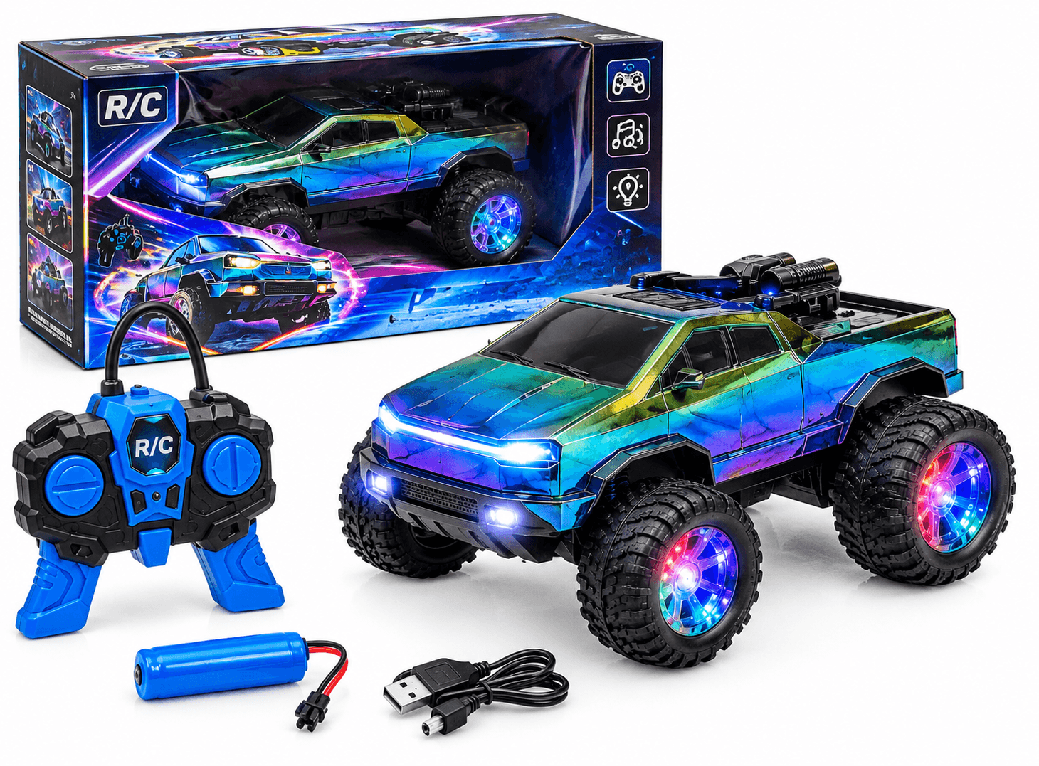 Hindi Song & Spray RC Truck | Cybertruck-Style Remote Control Truck with Real Spray Mist, LED Lights & Music | Ages 3+ — view 4