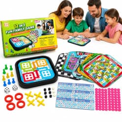 Wishkey 12 in 1 Family Board Games for Kids 5+ Years Travel Board Game Set with Ludo, Snakes & Ladders, Chess, Tic Tac Toe, Housie & 7 More Games Educational Indoor Games for Boys, Girls & Family