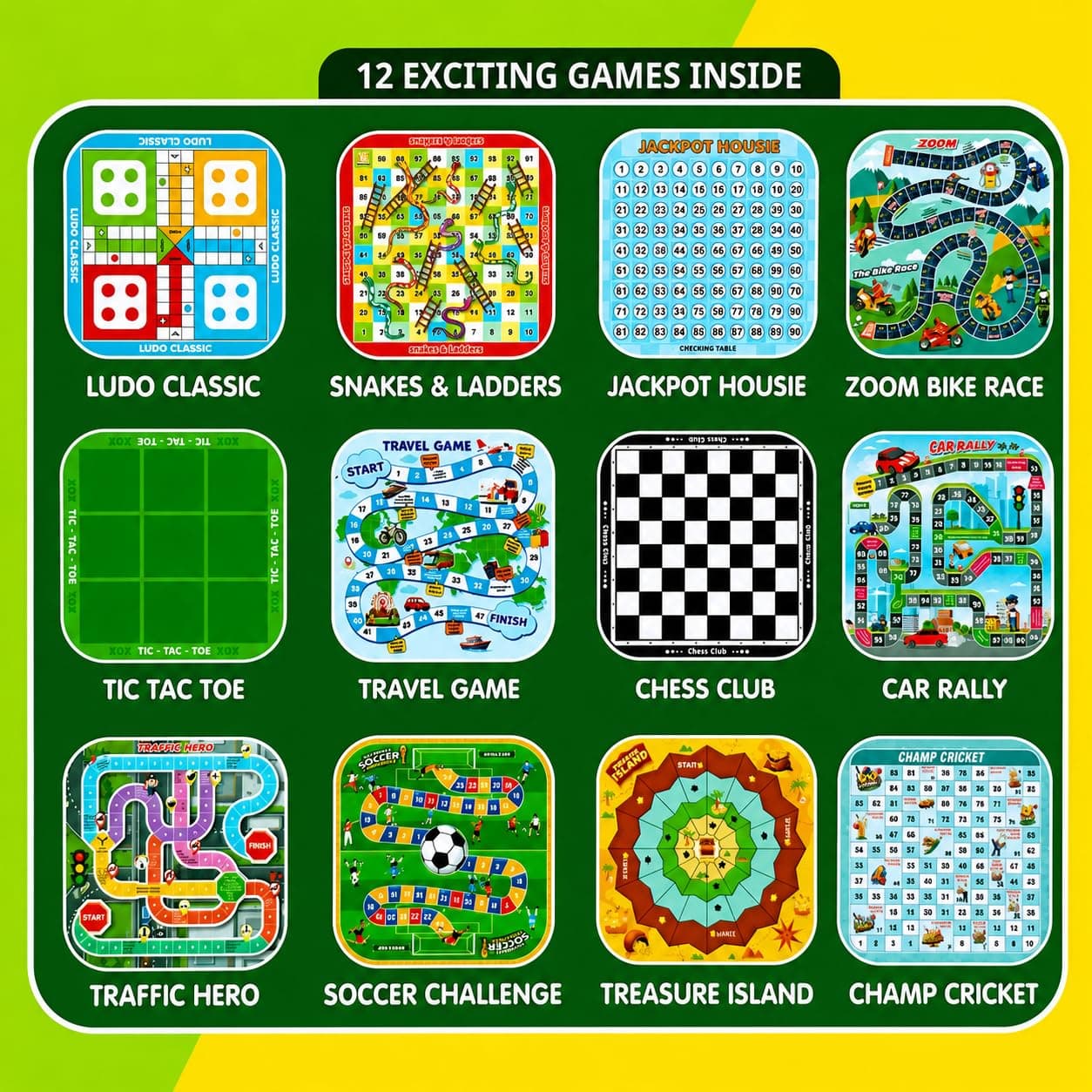 Wishkey 12 in 1 Family Board Games for Kids 5+ Years Travel Board Game Set with Ludo, Snakes & Ladders, Chess, Tic Tac Toe, Housie & 7 More Games Educational Indoor Games for Boys, Girls & Family — view 2