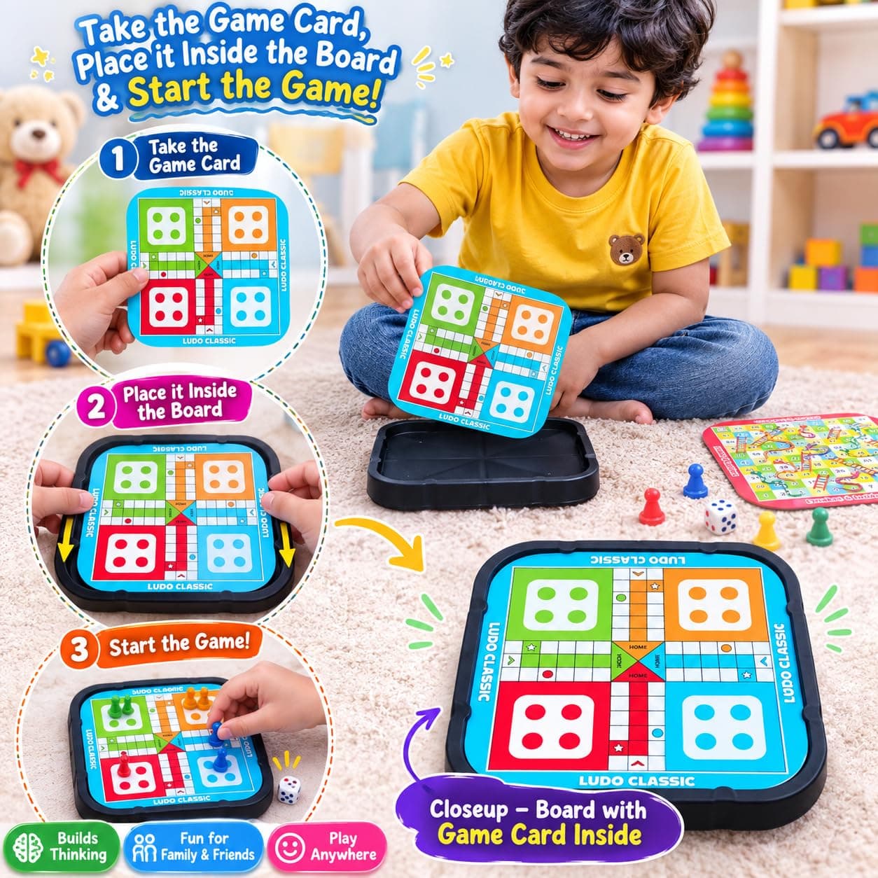 Wishkey 12 in 1 Family Board Games for Kids 5+ Years Travel Board Game Set with Ludo, Snakes & Ladders, Chess, Tic Tac Toe, Housie & 7 More Games Educational Indoor Games for Boys, Girls & Family — view 3