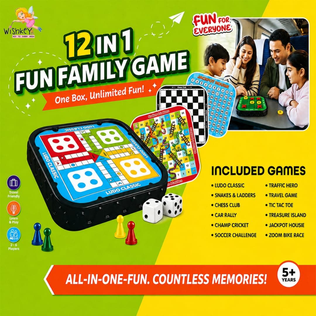 Wishkey 12 in 1 Family Board Games for Kids 5+ Years Travel Board Game Set with Ludo, Snakes & Ladders, Chess, Tic Tac Toe, Housie & 7 More Games Educational Indoor Games for Boys, Girls & Family — view 4