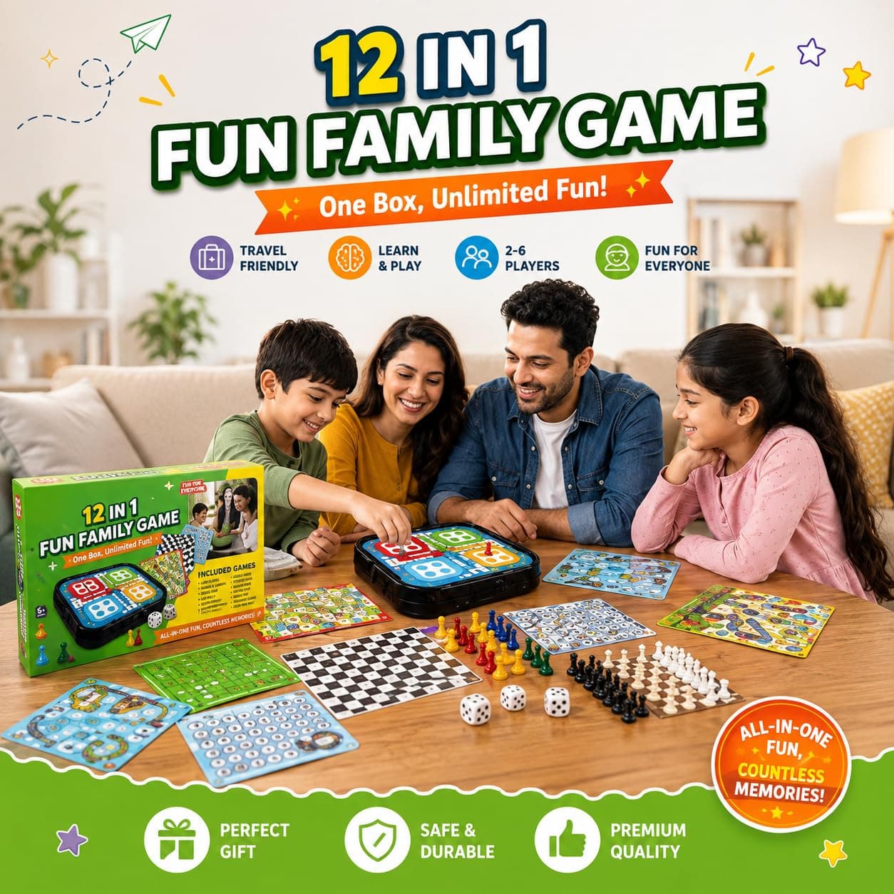 Wishkey 12 in 1 Family Board Games for Kids 5+ Years Travel Board Game Set with Ludo, Snakes & Ladders, Chess, Tic Tac Toe, Housie & 7 More Games Educational Indoor Games for Boys, Girls & Family — view 7