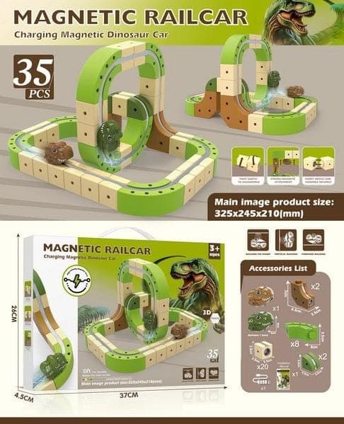 Magnetic Railcar Track Set 35 Pcs | Charging Magnetic Dinosaur Car Building Set | Ages 3+ — view 2