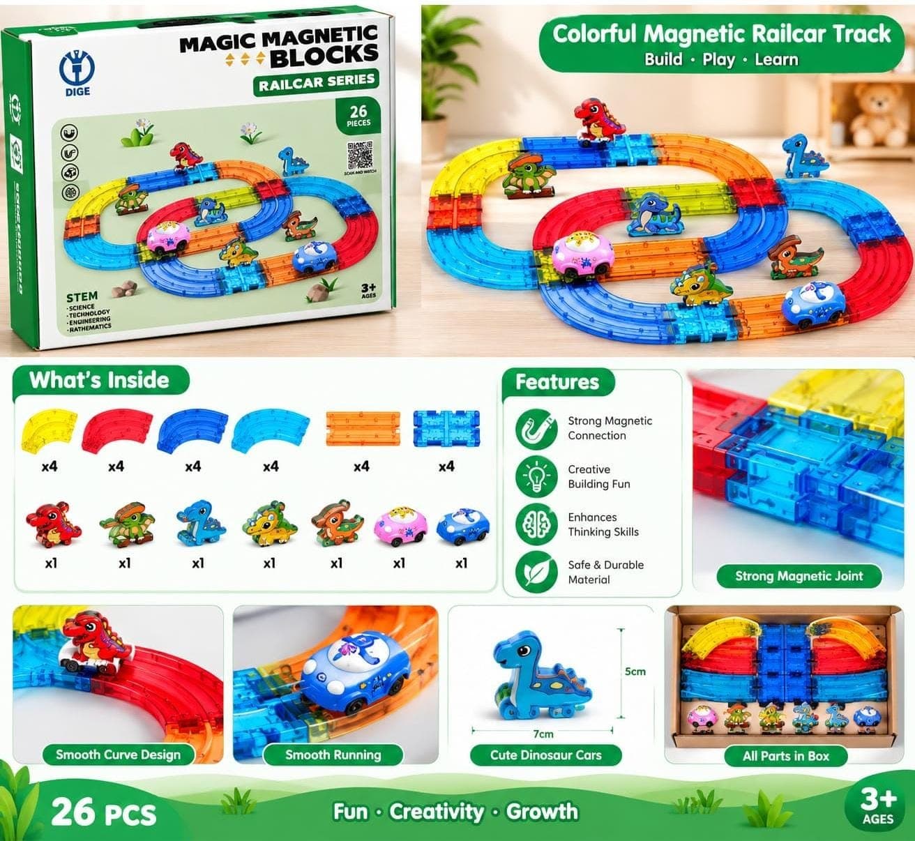 Magic Magnetic Blocks Railcar Series 26 Pcs | Colourful Dinosaur Car Track Set | STEM Toy | Ages 3+ — view 3