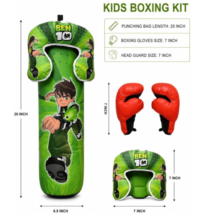 Kids Boxing Kit | 20-Inch Punching Bag, Boxing Gloves & Head Guard Set | Assorted Designs | Color as per Stock dispatched