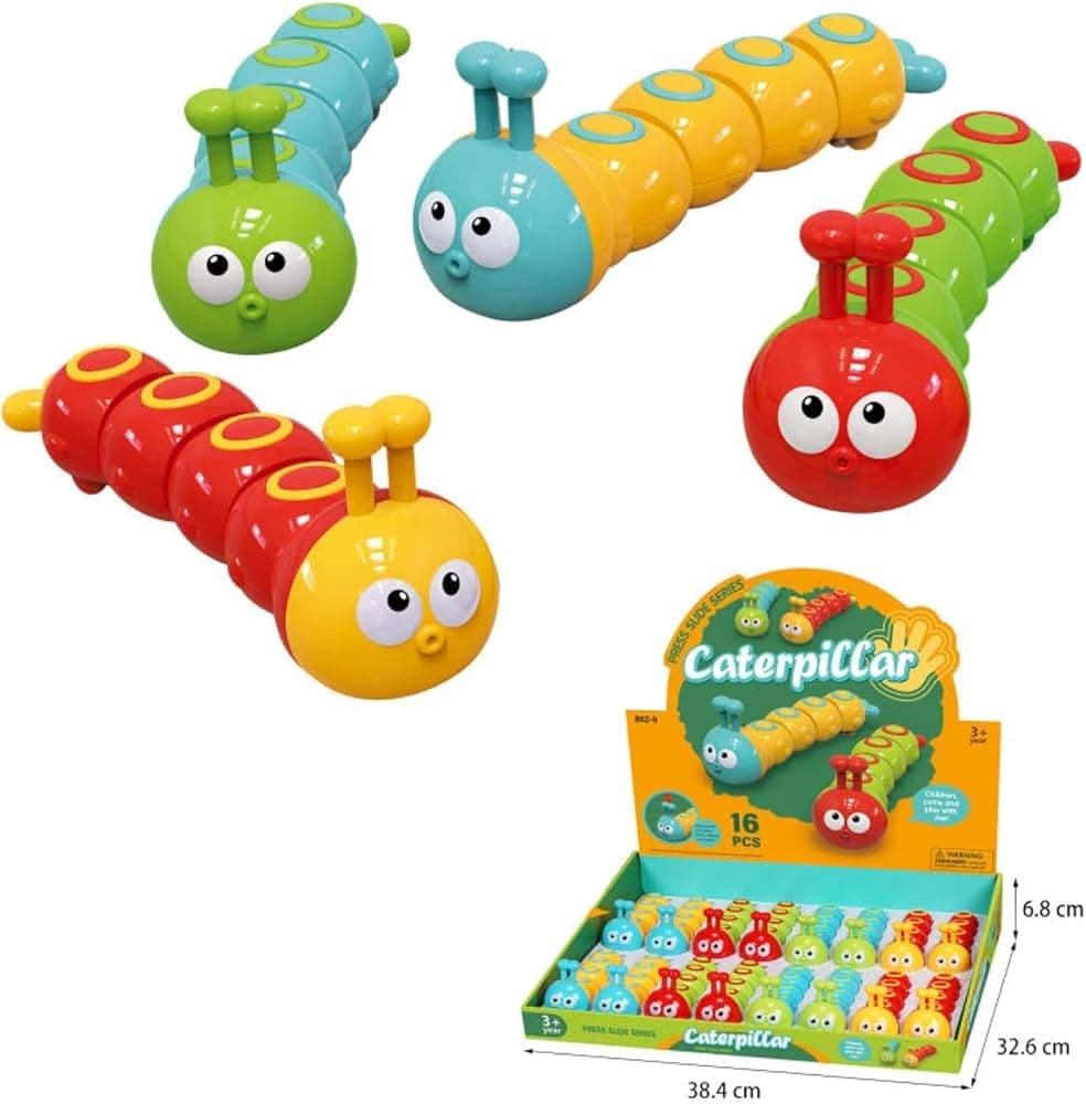 Kidoyz Press Caterpillar | Press-and-slide caterpillar toy in bright colours | Pack of 2 | Color As Per Stock