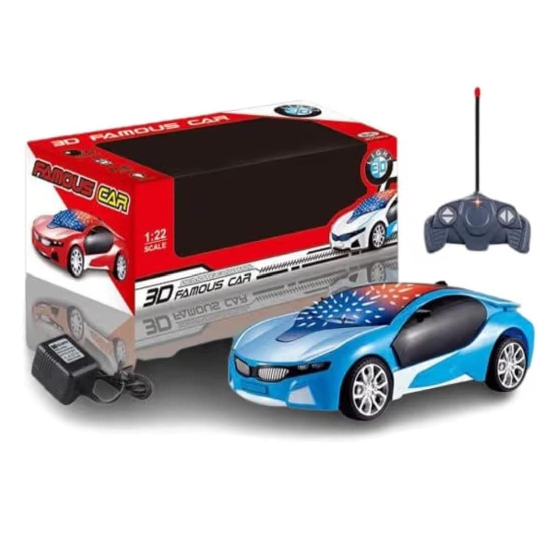 Rechargeable Remote Control 3D Light Car 1:22 With Battery & Charger | 4 Functions | Color As Per Stock