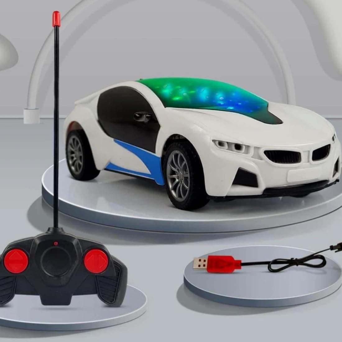 Rechargeable Remote Control 3D Light Car 1:22 With Battery & Charger | 4 Functions | Color As Per Stock — view 3